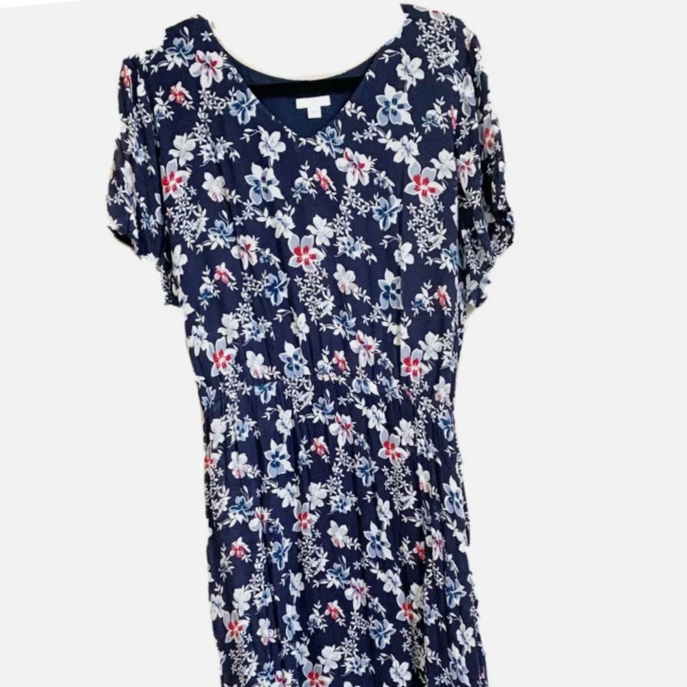 J.jill navy floral dress, v-neck, short flutter sleeves, elastic waist, tie belt